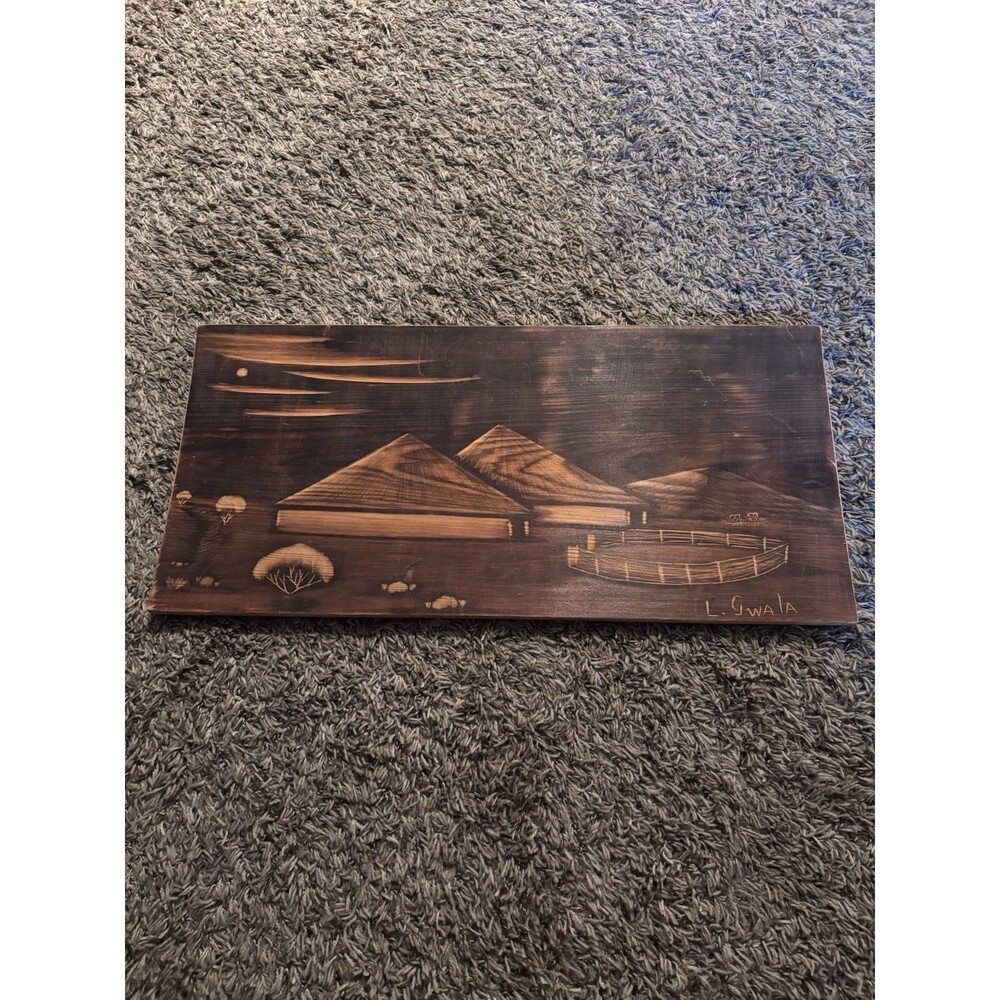 Vintage 1970s Pyrography Wood Burned Signed L Gwala African Folk Art 24x11”